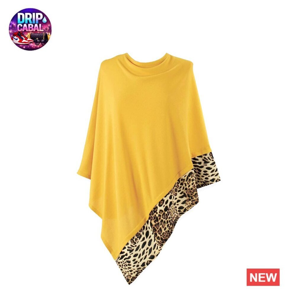 Leopard Trim Poncho Lightweight Knit Pullover Cape Versatile Scarf Chic